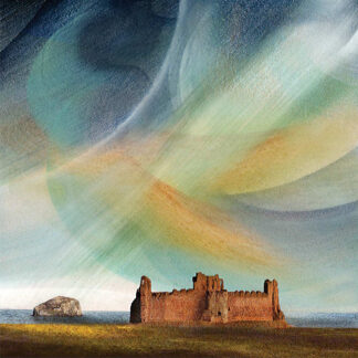 An artwork featuring an old castle ruin under a swirling, abstract sky. By Esther Cohen