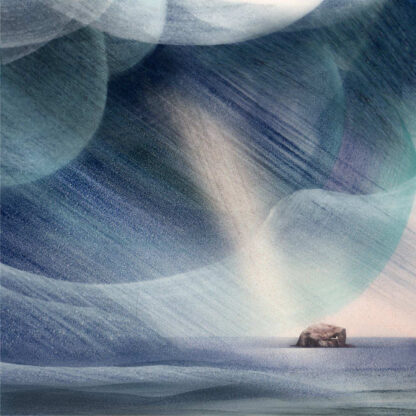 An abstract, textured illustration with blue and white hues depicting a solitary structure amidst wave-like patterns. By Esther Cohen