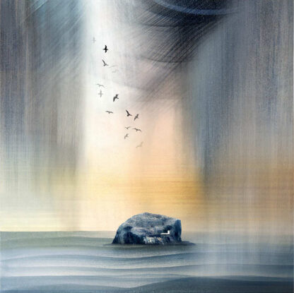 A serene painting of a single rock in water with birds flying above during what appears to be sunset or sunrise. By Esther Cohen