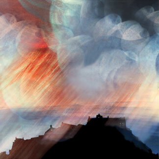 A surreal painting of a castle silhouette against a vibrant, textured sky with red, blue, and white hues. By Esther Cohen