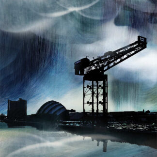 A stylized image featuring the silhouette of a prominent crane against a dramatic sky with a building resembling a round auditorium to the left, reflecting over water. By Esther Cohen