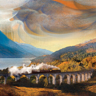 A train crossing a viaduct in a picturesque landscape with stylized, surreal sky effects. By Esther Cohen