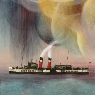 A vintage steamship with two red funnels sails under a stylized, colorful sky with streaks resembling rain. By Esther Cohen