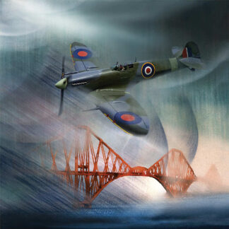 A vintage fighter plane flying over a red bridge in a dynamic and atmospheric setting. By Esther Cohen