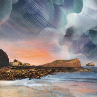 The image displays a painted coastal scene with rock formations, a sunset sky, and abstract brushstrokes overlaying the top portion. By Esther Cohen