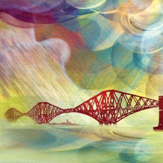 The image shows a colorful, abstract representation of a red bridge crossing over blue waters under a vibrant, swirled sky. By Esther Cohen