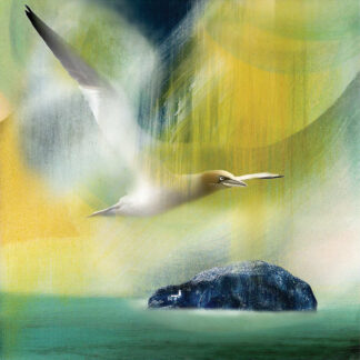 A seagull in flight over a solitary rock in a surreal, colorful seascape. By Esther Cohen