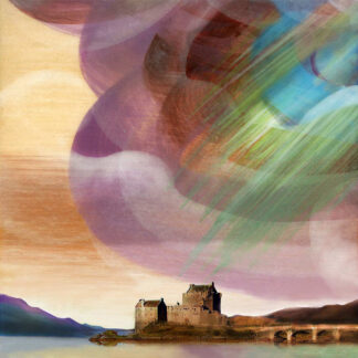 An illustration of a castle by a lake with abstract colorful swirls overlaying the sky. By Esther Cohen
