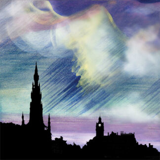 The image depicts a silhouette of a city skyline with Gothic architecture under a sky with colorful, abstract patterns. By Esther Cohen