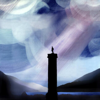 A digital painting of a silhouetted figure standing atop a tall pillar against a backdrop of swirling colors suggesting light in a mountainous landscape. By Esther Cohen