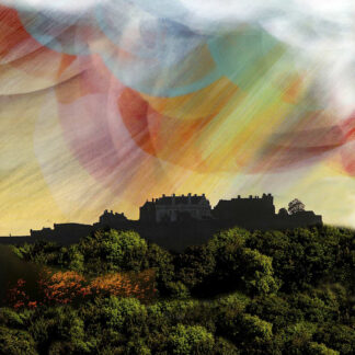 The image depicts a silhouette of a castle on a hill with a colorful, abstract overlay of shapes and patterns. By Esther Cohen