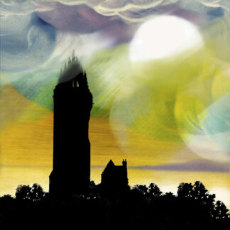 A digital painting depicting a silhouette of a tower against a backdrop of a large sun with abstract, swirling colors in the sky. By Esther Cohen