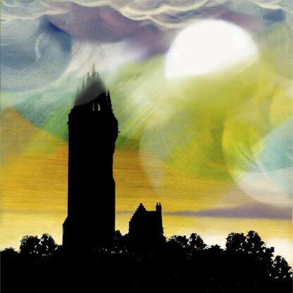 A digital painting depicting a silhouette of a tower against a backdrop of a large sun with abstract, swirling colors in the sky. By Esther Cohen