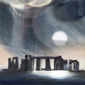 A surreal depiction of Stonehenge with multiple moons and a cosmic backdrop, imbued with a mystical atmosphere. By Esther Cohen