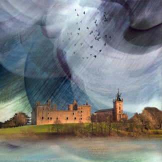 A surreal image of a castle with a distorted sky and birds flying in a vortex pattern. By Esther Cohen