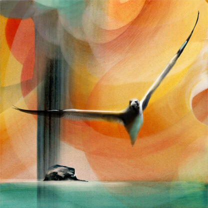 A surreal artistic depiction of a soaring bird with an abstract colorful background and a silhouette of a rock. By Esther Cohen