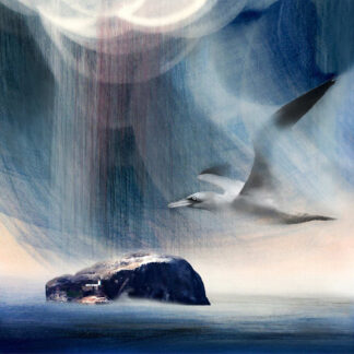 A seagull is flying over the sea near a rock formation under dramatic skies that appear to be raining. By Esther Cohen