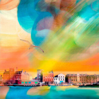 A vibrant, abstract painting with a bird flying over colorful, distorted buildings and water. By Esther Cohen