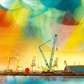 An artistic, colorful image of an industrial port with cranes and machinery under a stylized, vibrant sky. By Esther Cohen