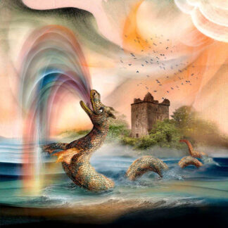 A surreal illustration of leaping sea creatures in front of an ancient castle under a dramatic sky with birds and ethereal light effects. By Esther Cohen