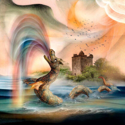 A surreal illustration of leaping sea creatures in front of an ancient castle under a dramatic sky with birds and ethereal light effects. By Esther Cohen