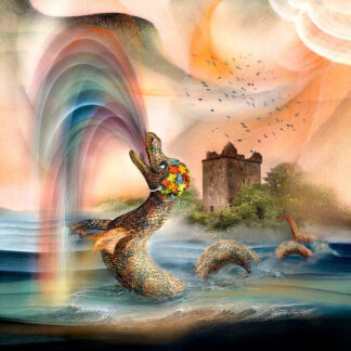 A surreal artwork featuring a colorful mermaid with a castle background and a swooping, vibrant energy ribbon in the sky. By Esther Cohen