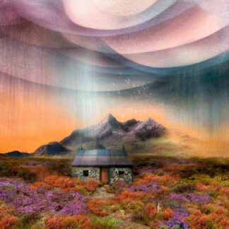 A digital art piece depicting a small cabin in a mountainous landscape with an abstract, colorful overlay. By Esther Cohen