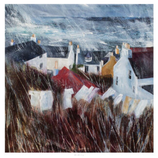 A painting of coastal houses with red roofs amidst tall, wild grasses against a backdrop of a turbulent blue sea and sky. By Fiona Matheson