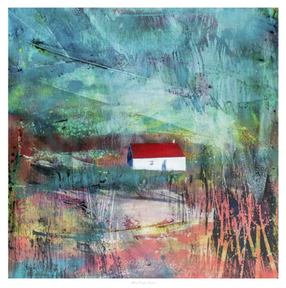 The image shows an abstract painting with vibrant colors and textures, featuring a solitary house amidst a dynamic, seemingly natural backdrop. By Fiona Matheson