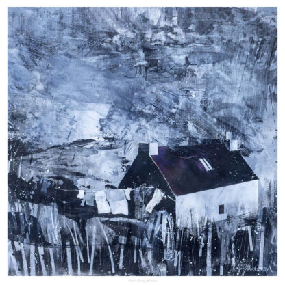 Abstract monochrome painting featuring a house with subtle hints of a landscape in the background. By Fiona Mathieson