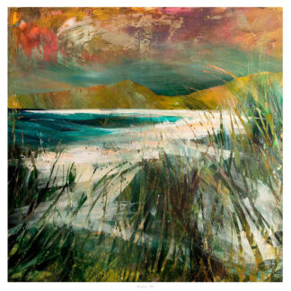 The image is a vibrant, textured painting depicting an abstract landscape with dynamic brushstrokes and a mix of warm and cool colors. By Fiona Matheson