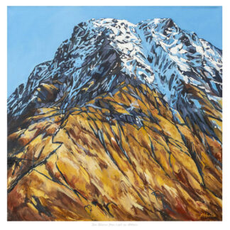 The image displays a vibrant painting of a rugged mountain with textured strokes highlighting the rocky terrain and a clear blue sky.By Julie Arbuckle