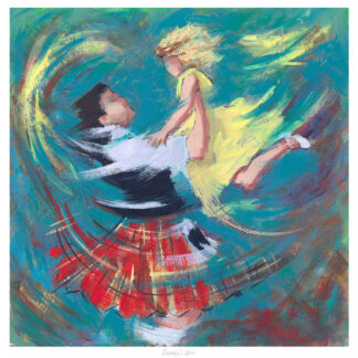 An abstract painting depicting two figures in a dynamic, swirling dance, with vivid colors and expressive brush strokes. By Janet McCrorie