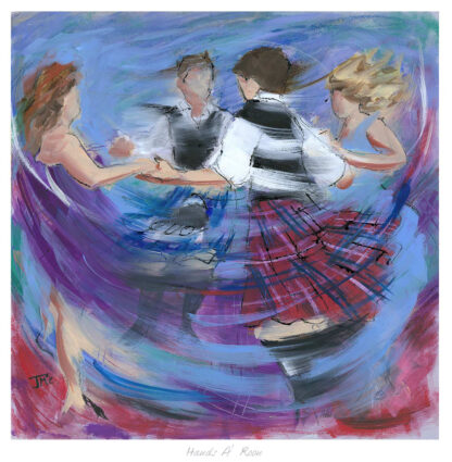 An abstract painting with four indistinct figures, possibly dancing, with swirling colors and a prominent blue background. By Janet McCrorie