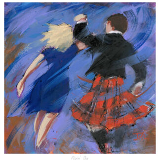 An abstract painting of two individuals, possibly children, in motion with prominent blue and red tones. By Janet McCrorie