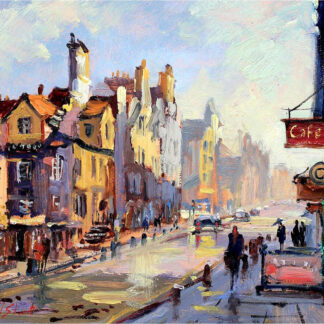 An impressionist painting of a bustling city street with pedestrians, cars, buildings, and a café sign. By Joseph Maxwell Stuart