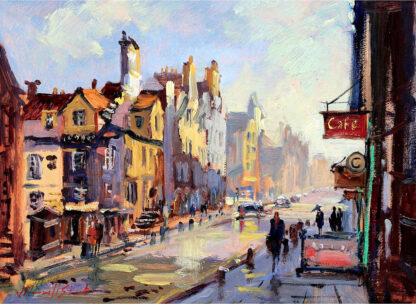 An impressionist painting of a bustling city street with pedestrians, cars, buildings, and a café sign. By Joseph Maxwell Stuart