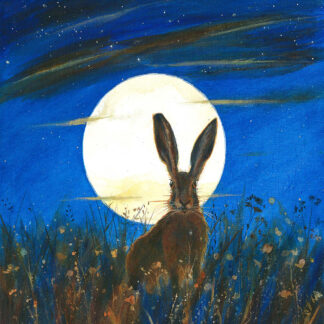 A rabbit gazes at a full moon in a starlit night sky amidst a field of grass. By Keli Clark