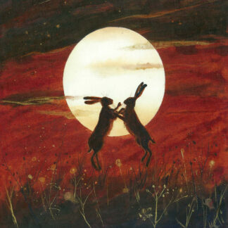 Two silhouetted hares appear to be dancing or play-fighting against a backdrop of a large full moon and a red sky.By Keli Clark