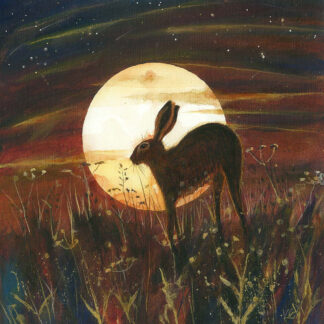 A rabbit in a grassy field with a large, full moon rising in the background under a starry sky.By Keli Clark