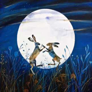 Two rabbits dancing on their hind legs in a field under a full moon at night.By Keli Clark