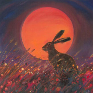 A hare sits in a field with tall grasses against the backdrop of a large red sun.By Keli Clark