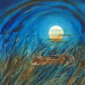 A rabbit in tall grass under a starry night sky with a full moon on the horizon.By Keli Clark