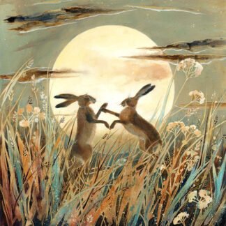 Two rabbits appear to be dancing on their hind legs in a meadow under a full moon.By Keli Clark