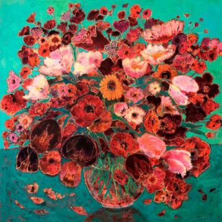 A vivid painting of a bouquet of red and pink flowers with prominent textures against a teal background.By Keli Clark