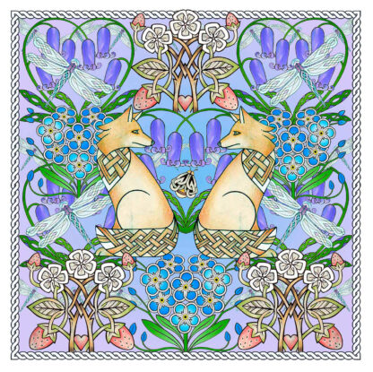 The image is a colorful symmetrical illustration featuring abstract and floral elements, as well as creatures that resemble cats. By Marjorie Tait