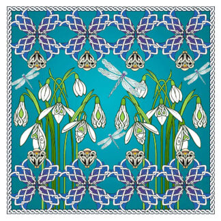 The image shows a symmetrical pattern featuring stylized blue flowers and snowdrops on a teal background with a rope-like border. By Marjorie Tait
