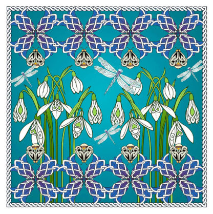 The image shows a symmetrical pattern featuring stylized blue flowers and snowdrops on a teal background with a rope-like border. By Marjorie Tait