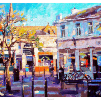A colorful impressionistic painting of an urban street scene with buildings, trees, and a hint of pedestrian activity. By Peter Foyle