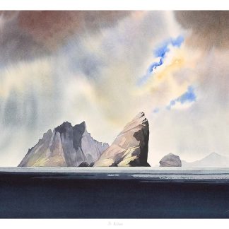 A watercolor painting depicts a dramatic coastal scene with dark, jagged rocks rising from the sea under a stormy sky with a hint of sunlight. By Peter Mcdermott